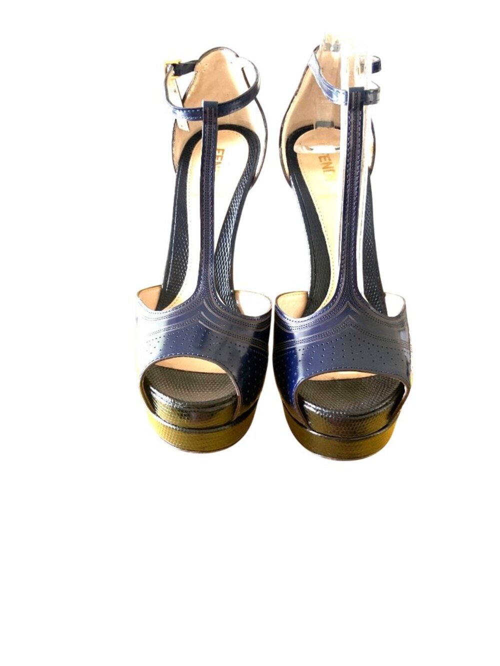 Fendi Navy & black Leather Perforated T-Strap Platform Heels Size 36 Made In Ita - Picture 2 of 11